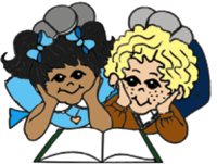 two cartooon girls laying down reading a book together